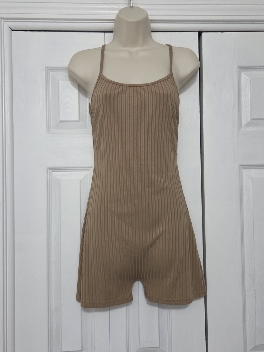 SHEIN Ribbed Spaghetti-Strap Romper in Beige